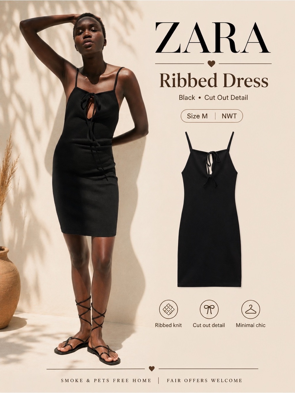 ZARA Black Ribbed Cut Out Mini Dress Size M NWT Tie Front Bodycon Dress
